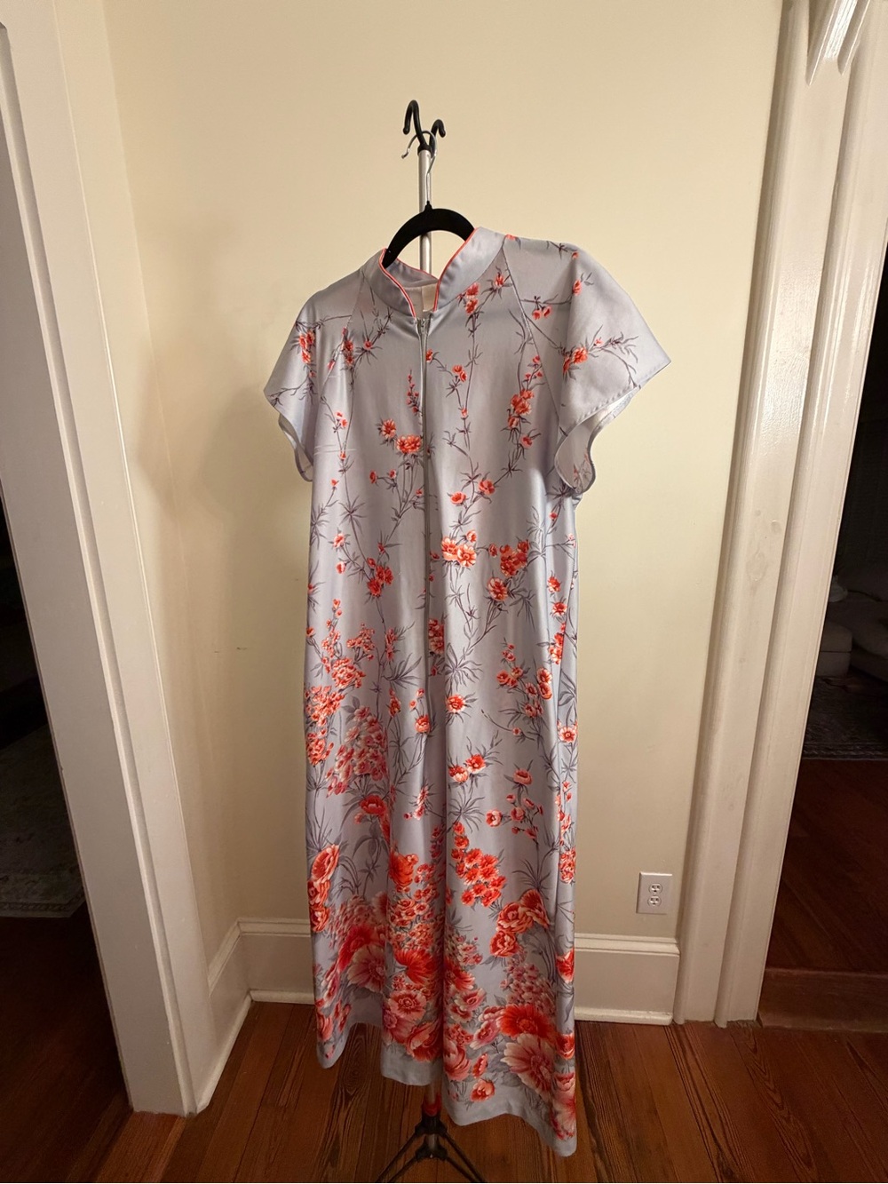 Vintage 70s Mandarin Collar Floral Cheongsam Patio Dress Lounger Maxi Large